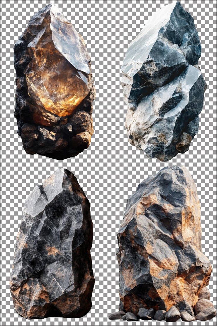Piedra mineral en bruto y de tierra altamente detallada hiperrealista aislada PNG con respaldo transparente claro