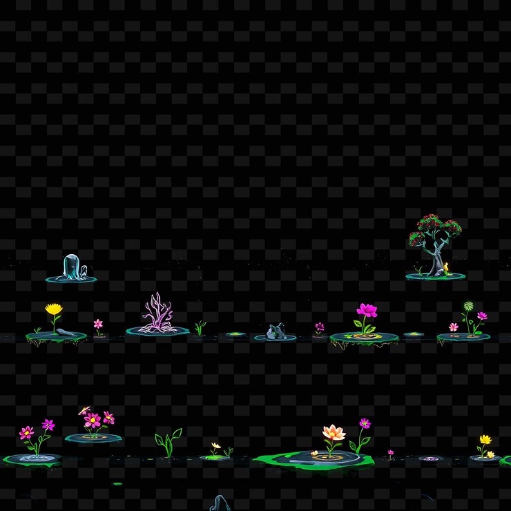 PSD las piedras de píxeles brillantes raíces flores de neón campos de energía suelo características de juego de pixel sto