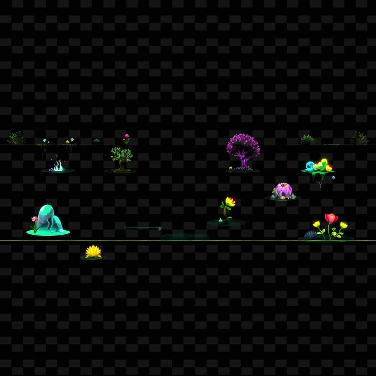 PSD las piedras de píxeles brillantes raíces flores de neón campos de energía suelo características de juego de pixel sto