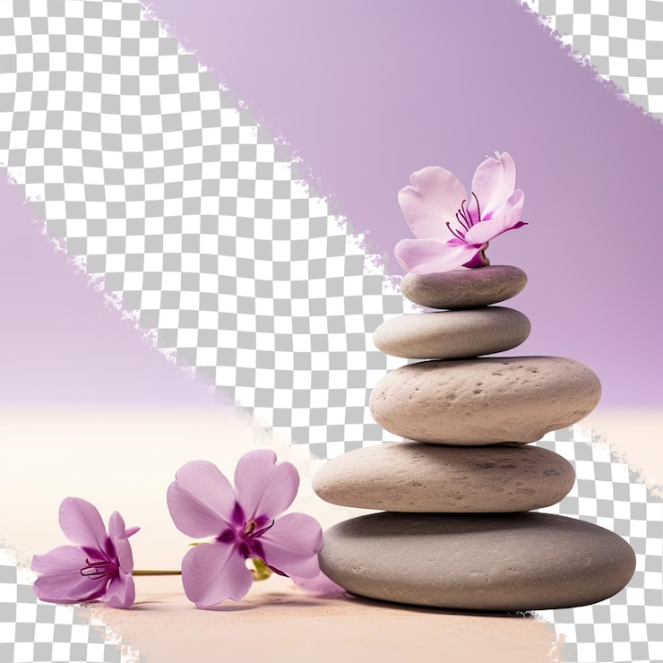 PSD piedras de spa aisladas negras y fondo transparente de flor morada