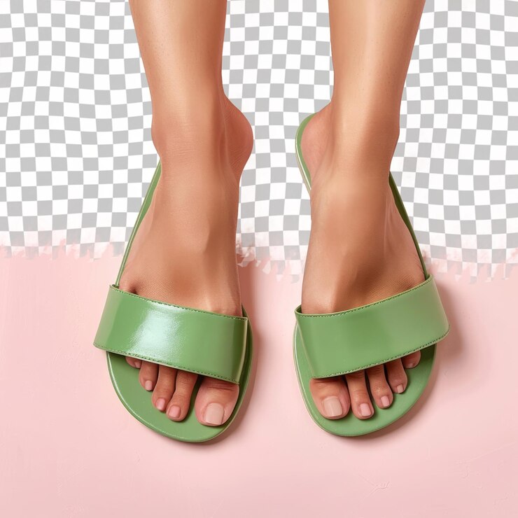 PSD los pies de una mujer con sandalias verdes y un fondo rosa