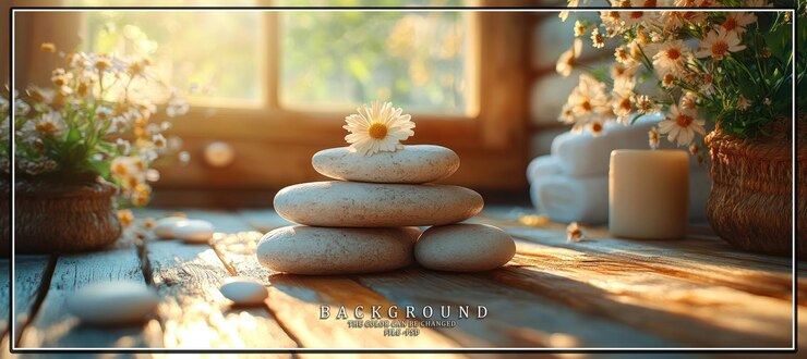 PSD pietre impilate con fiori su un tavolo di legno con luce naturale