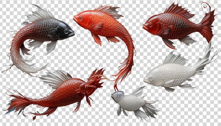 PSD pieza de arte de pared con seis peces estilizados en colores rojo profundo negro y blanco