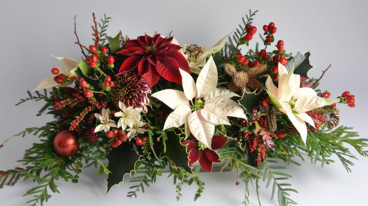 PSD una pieza central festiva de navidad con poinsettias blancas y rojas, bayas de acebo y conos de pino