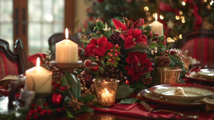PSD una pieza central de la mesa de comedor de navidad bellamente decorada con velas, poinsettias, piñas y bayas