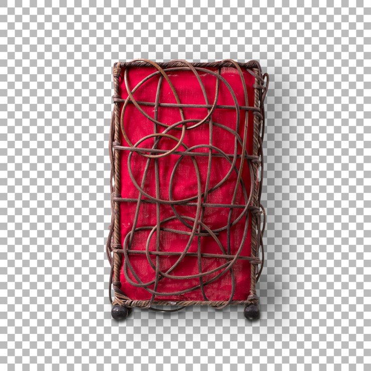 PSD una pieza decorativa con un cojín rojo encerrado en un marco metálico tejido que sirve como muebles artísticos o decoración de acento
