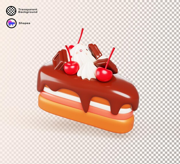 Pieza de pastel 3D con capas de galleta barra de chocolate y derretir glaseado gotea crema y decoración de cereza rebanada de pastelería aislada de postre brownie dulce panadería comida icono de renderización de dibujos animados