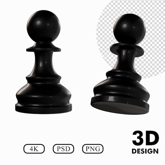 Pieza de peón negra de ajedrez 3D de material plástico de fondo transparente