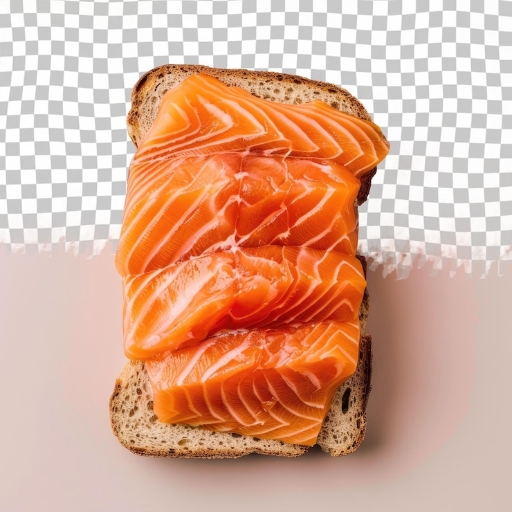 PSD una pieza de salmón está en una pieza de pan con un fondo a cuadros