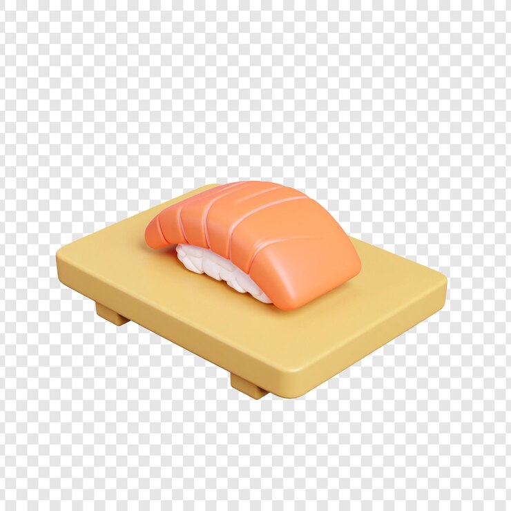 PSD pieza de sushi de salmón en un fondo aislado en una placa de madera