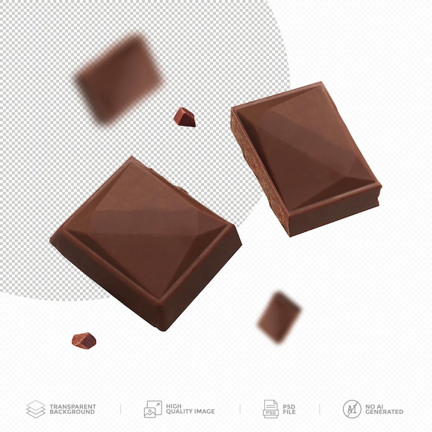 PSD piezas de chocolate que caen aisladas sobre un fondo transparente