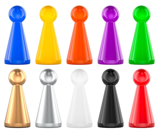 Piezas de juego de mesa de colores establecidas en renderización 3D aisladas en un fondo transparente