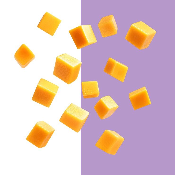 PSD piezas de mango en cubos flotando en el aire aisladas en un fondo blanco fondo transparente png