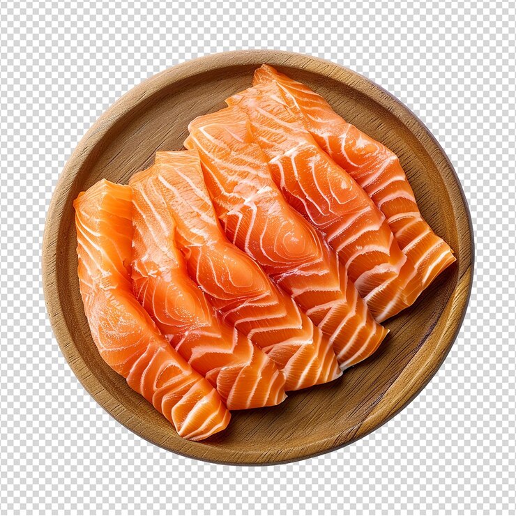 PSD piezas de salmón crudo fresco en tablero de madera con fondo transparente