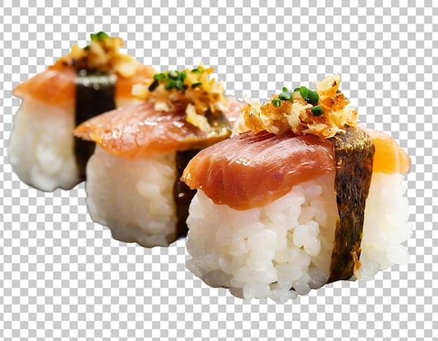 PSD piezas del tamaño de un bocado de sushi de arroz marrón con salmón ahumado