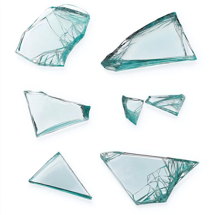 Piezas de vidrio rotas esparcidas en un fondo transparente aislado Seis fragmentos de varios colores