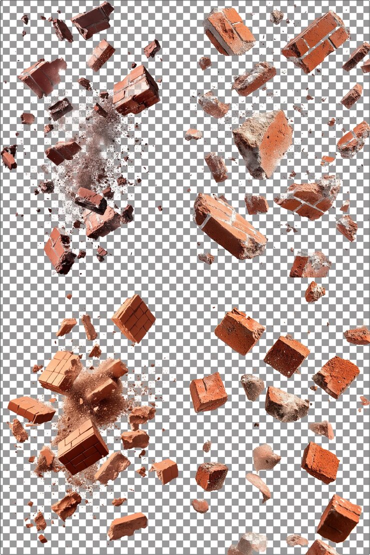 Piezas voladoras y polvo de ladrillo rojo roto polvoriento y fragmentado PNG aislado hiperrealista con C