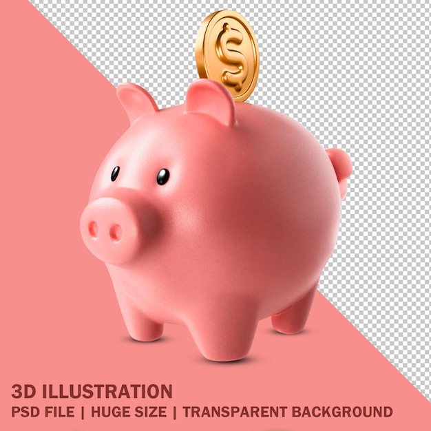 pig piggy bank and golden coin 3d render transparent background