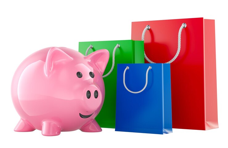 PSD piggy bank con bolsas de compras renderización 3d aislado aislado en fondo transparente