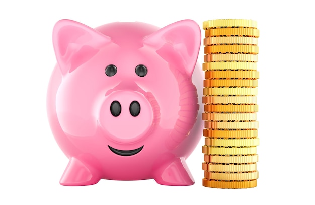 Piggy Bank con una pila de monedas Concepto de ahorro de dinero Rendering 3D aislado en fondo transparente