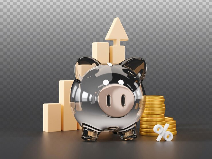 PSD piggy bank reflexiva con gráficos de crecimiento y monedas