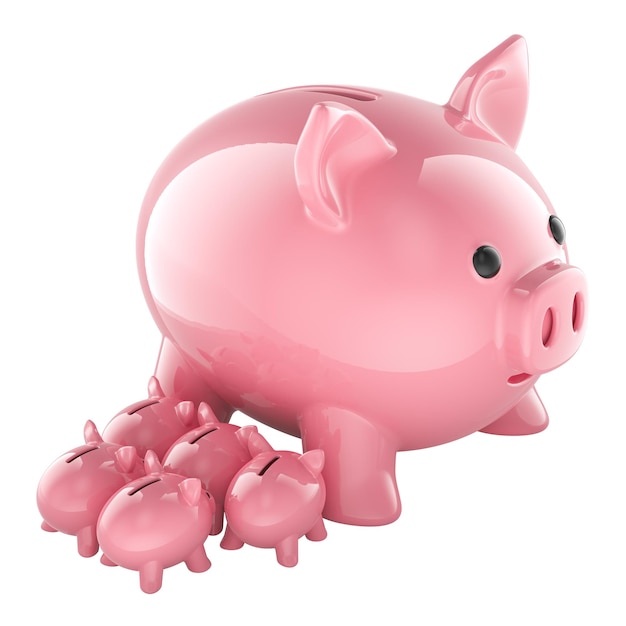 piggy bank with small piggy banks 3d rendering isolated on transparent background
