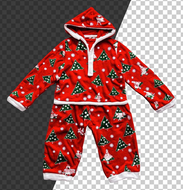 PSD pijamas rojos festivos con estampados de árboles de navidad cortados en stock png
