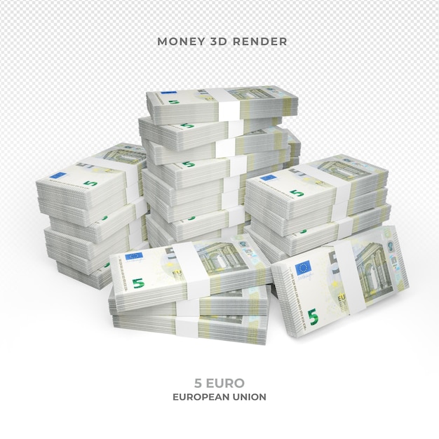 Pila de 5 billetes en euros dinero 3d render