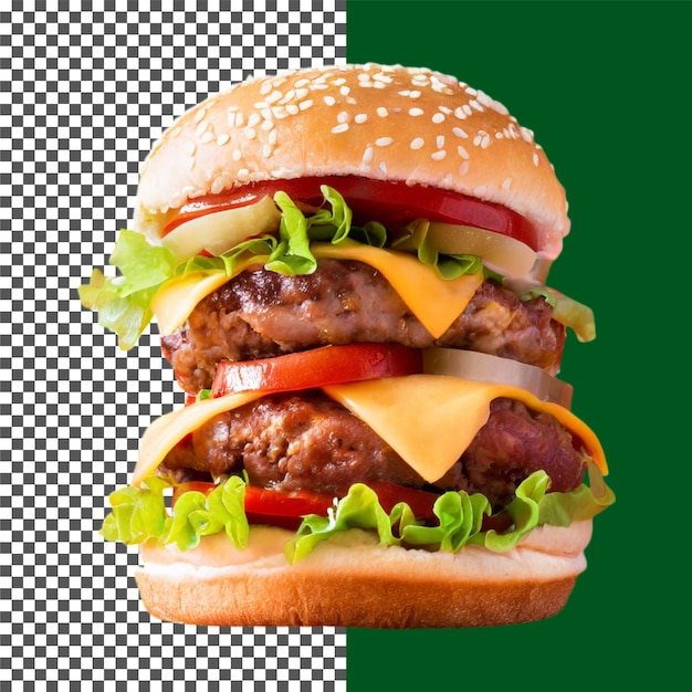 Pila alta de cheeseburgers saborosos com vegetais frescos em fundo transparente png psd