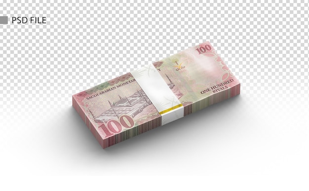 Una pila de billetes de 100 dólares con un billete de 100 dólares sobre un fondo blanco.