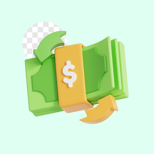 La pila de billetes como símbolo de la transacción monetaria La flecha de transferencia de reembolso en 3D es el icono de contabilidad