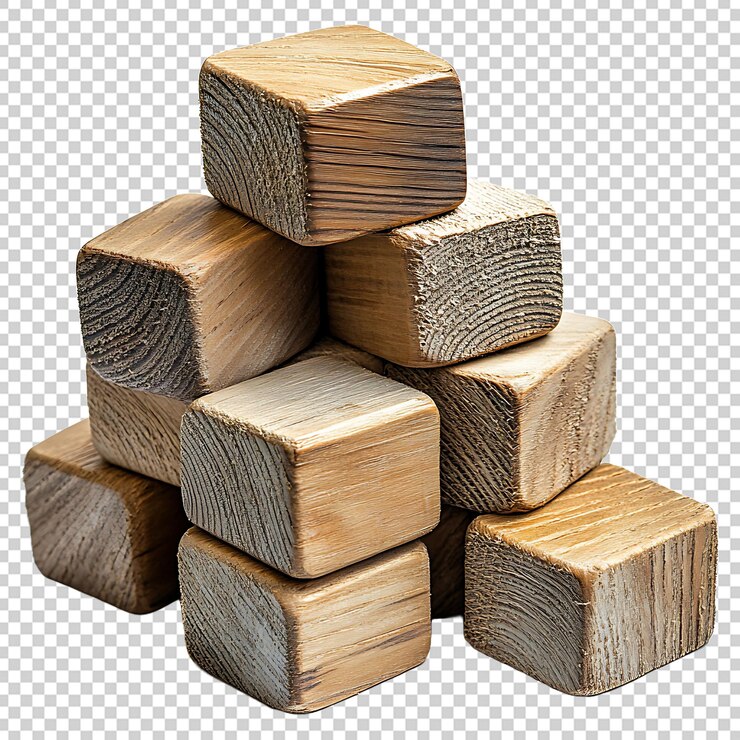 PSD una pila de bloques de madera sin terminar aislados sobre un fondo transparente