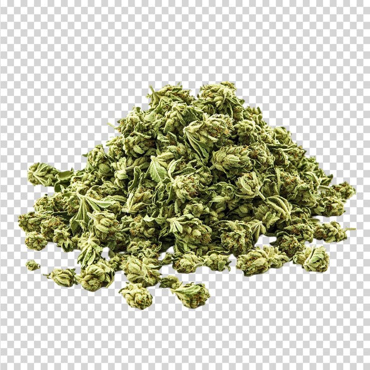 PSD pila de brotes de marihuana medicinal o flores de cáñamo de la planta de cannabis aisladas en miminalista aisladas en fondo transparente