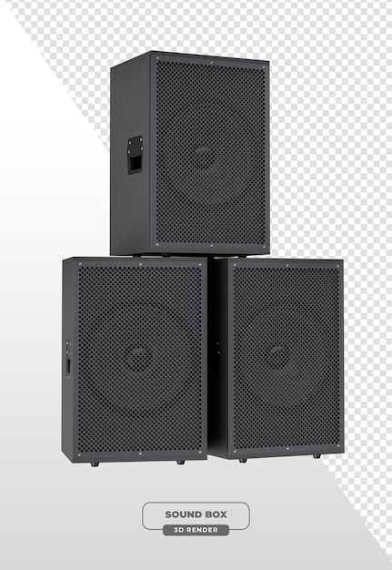 Una pila de cajas de sonido negras para música y audio en renderización 3D