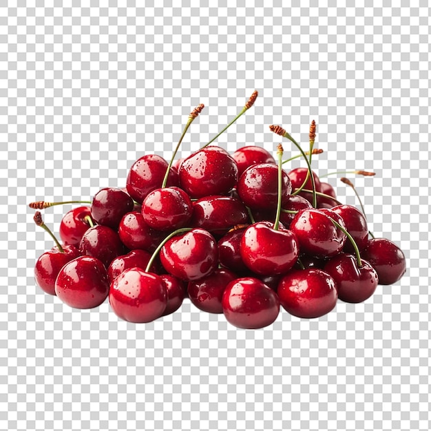 Una pila de cerezas rojas aisladas sobre un fondo transparente