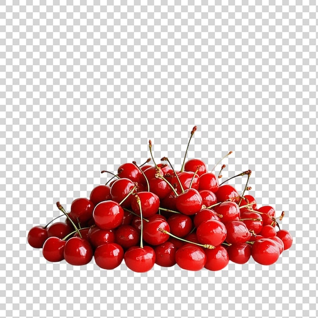 Una pila de cerezas rojas aisladas sobre un fondo transparente