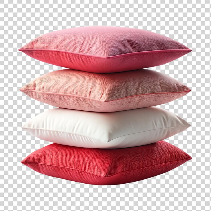 PSD una pila de cojines de almohada en blanco rojo y rosa aislados en transparente