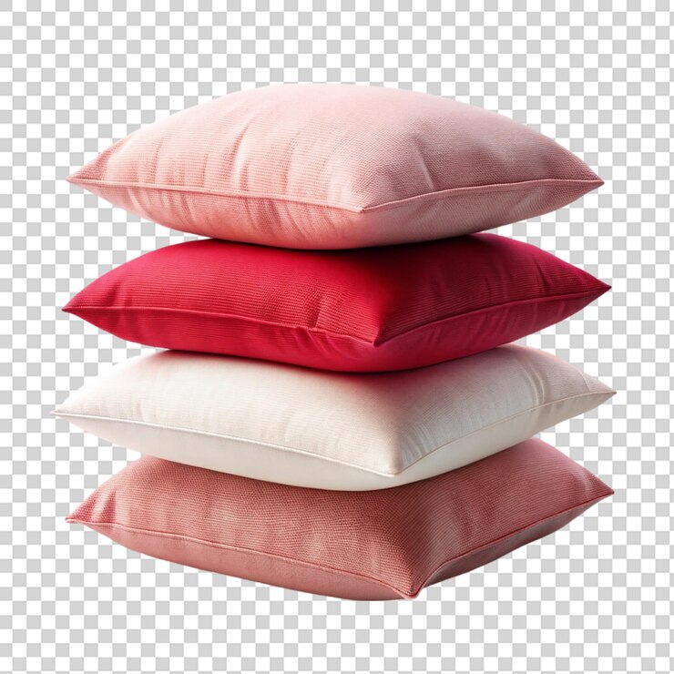 PSD una pila de cojines de almohada en blanco rojo y rosa aislados en transparente
