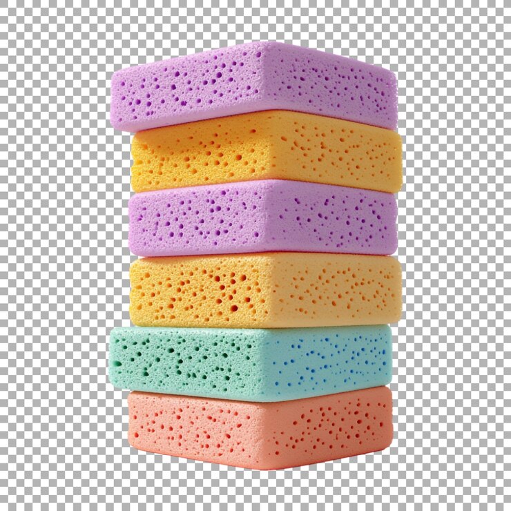 PSD una pila de coloridas esponjas de lavado en un fondo transparente generada por ai