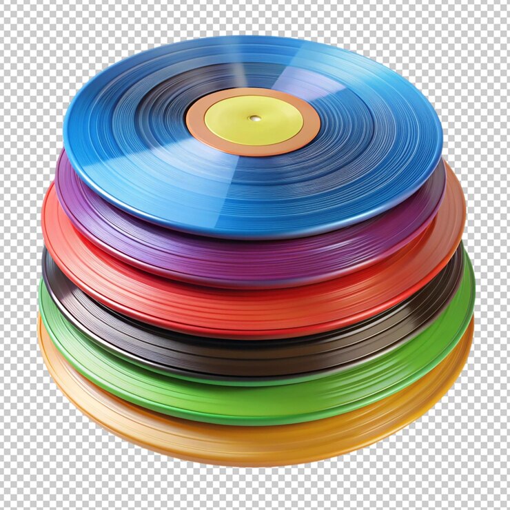 PSD una pila de coloridos discos de vinilo 3d en un fondo transparente