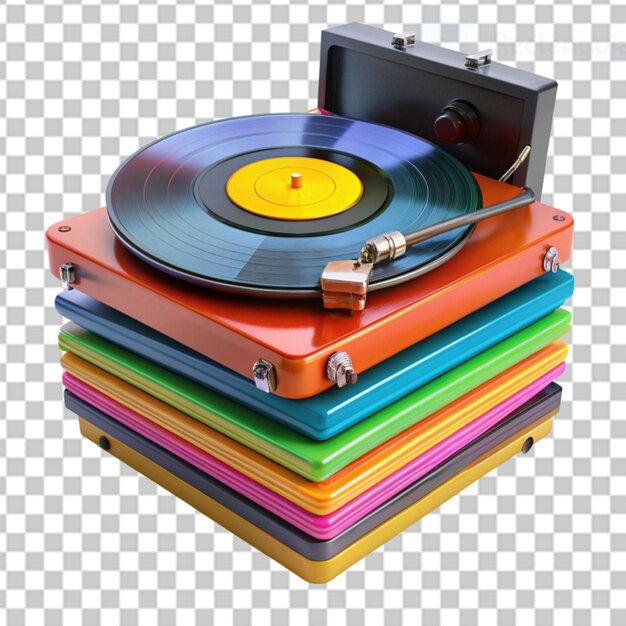 PSD una pila de coloridos discos de vinilo 3d con vintage en un fondo transparente