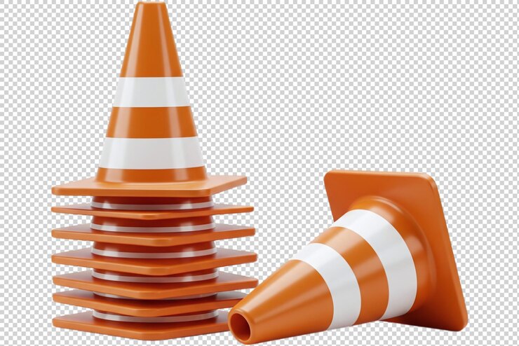 PSD una pila de conos de tráfico naranjas con rayas blancas que simbolizan la seguridad vial y las zonas de construcción