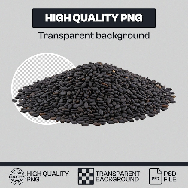 Pila de sementes de gergelim preto com fundo transparente