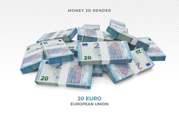 PSD pila di 20 render 3d dei soldi delle banconote in euro