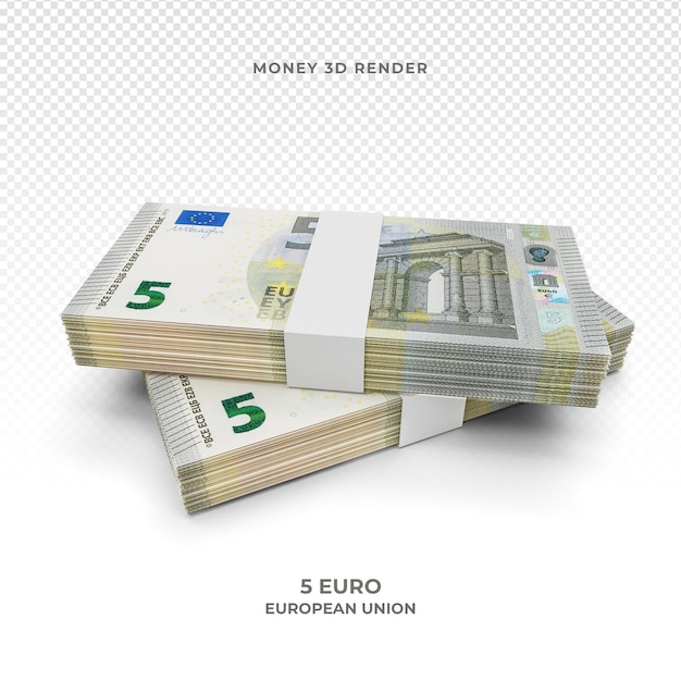 Pila di 5 rendering 3d di denaro banconote in euro