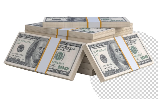 Pila di moneta cartacea statunitense 3D dollari americani in contanti cento banconote pila di moneta statunitense isolata su sfondo bianco finanza aziendale creativa concetto di guadagno o risparmio