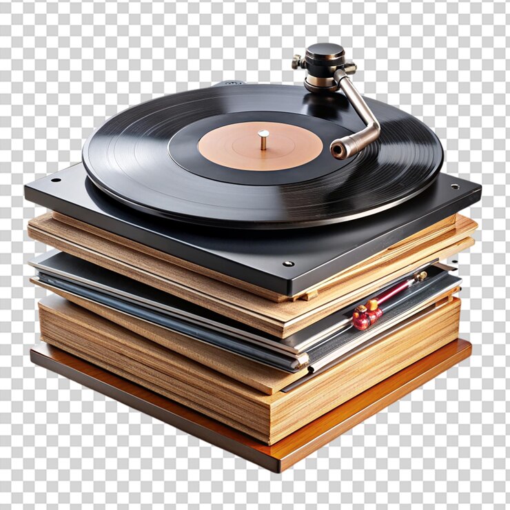 PSD una pila de discos con un tocadiscos en la parte superior de ellos en un fondo transparente
