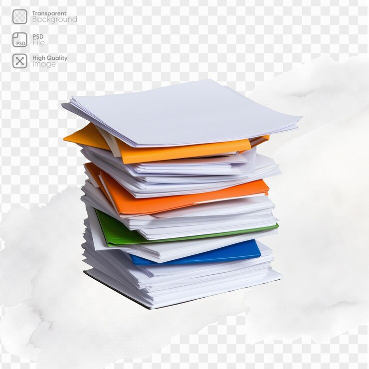 PSD una pila de documentos y carpetas de archivos con colores variados en un fondo transparente