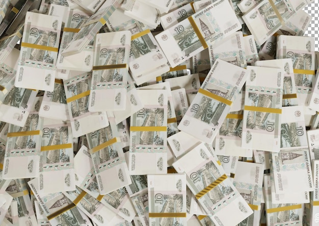 Pila de efectivo ruso o billetes de 10 rublos de rusia esparcidos sobre un fondo blanco psd aislado