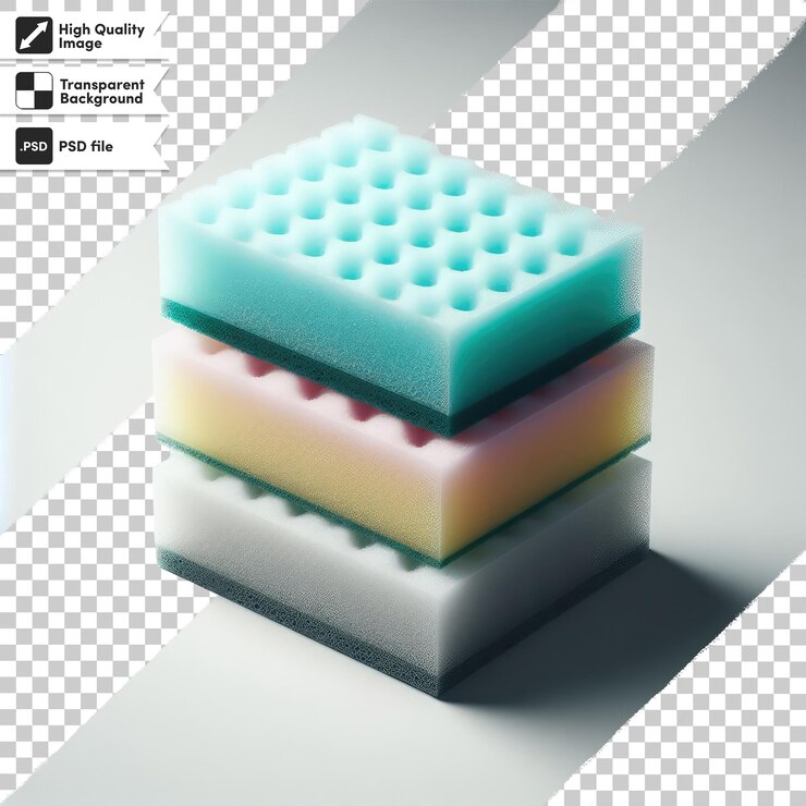 PSD una pila de esponjas de colores en un fondo transparente